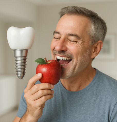 man biting an apple